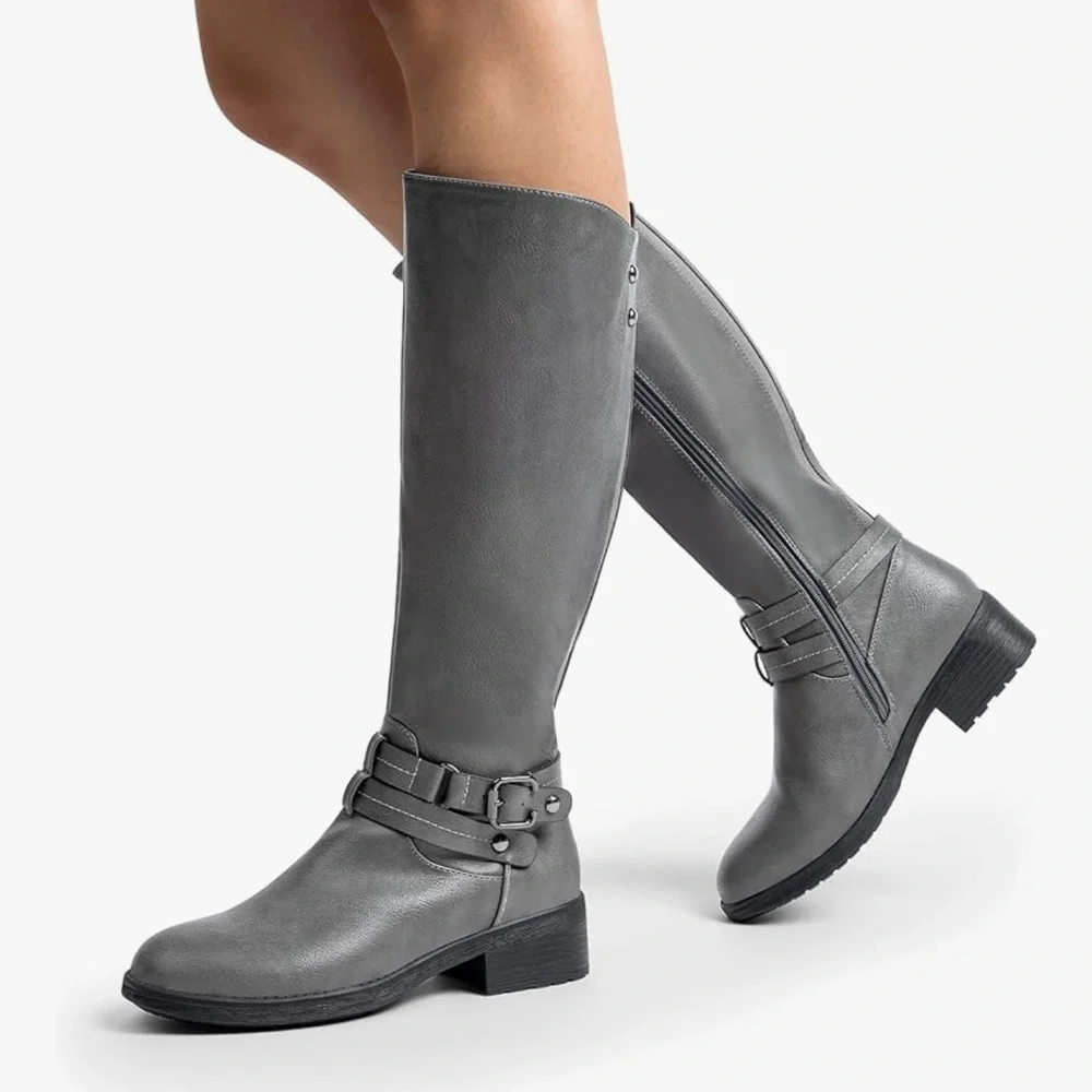 DREAM PAIRS Women's Grey Knee High Buckle Riding Boots - Picture 1 of 6
